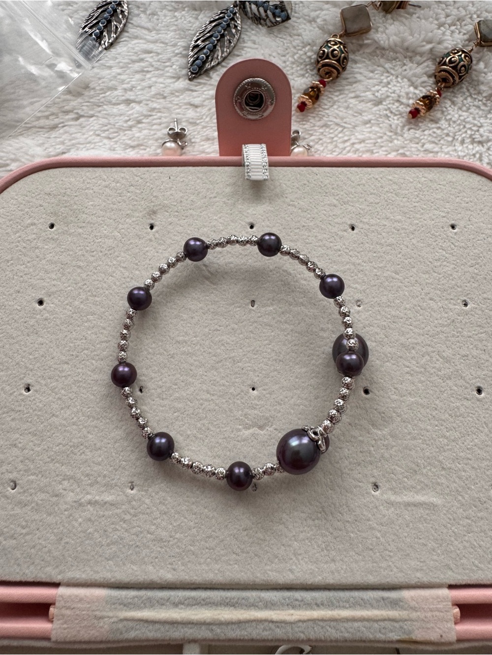 Sterling Silver Bangle with Authentic Dark Purple Pearls